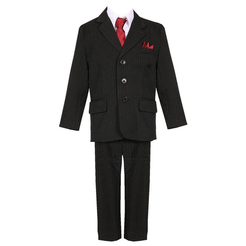 Little Boys Black Pinstripe 5 Piece  Vest Jacket Pants Special Occasion Suit 2-7 - SophiasStyle.com